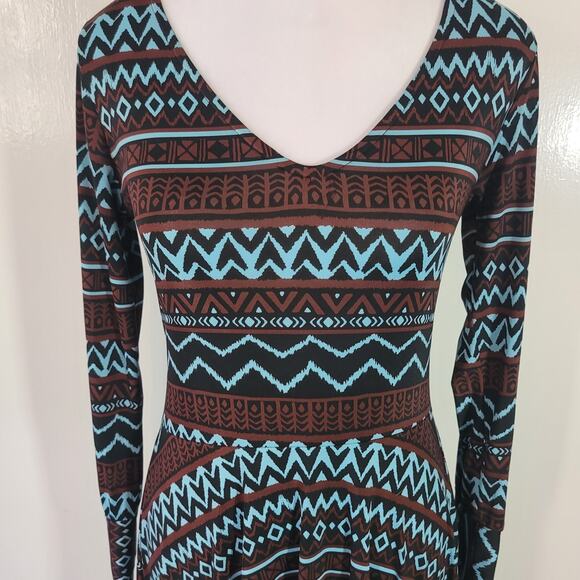 Casa Lee Size M Long Sleeve Geometric Bodycon Midi Dress V-Neck Teal Brown - Picture 3 of 11